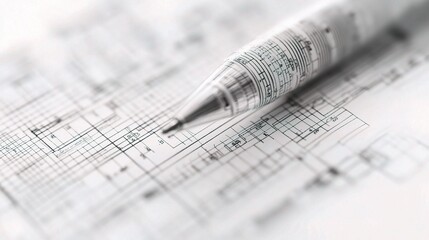 Wall Mural - Detailed Construction Blueprint Close Up with Pen for Architectural Design