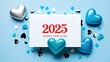 © Gibster - Festive New Year 2025 greeting card with decorative hearts on a blue background.