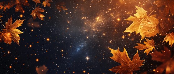 Wall Mural - Magical starry sky with golden leaves and stars