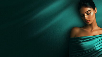 Poster - Luxurious, deep teal satin fabric texture with soft folds and rich green undertones, creating an elegant, abstract backdrop. Perfect for high-end design projects and as a sophisticated background for 