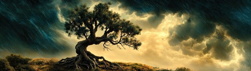 Wall Mural - A solitary tree stands against a dramatic sky, evoking a sense of resilience in nature.