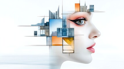 Wall Mural - Woman Face Cityscape Modern Architecture Abstract Art