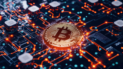 Aufkleber - digital representation of cryptocurrency coin on circuit board, showcasing interconnected technology and vibrant colors. image highlights concept of blockchain and digital finance