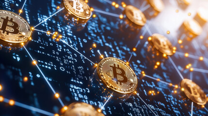 Leinwandbilder - digital illustration of interconnected cryptocurrency coins, showcasing blockchain network with glowing nodes and binary code. This vibrant image represents modern finance and technology