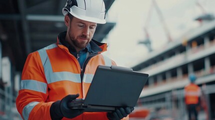 Wall Mural - male construction worker in safety gear using a laptop on-site, showcasing modern technology integra