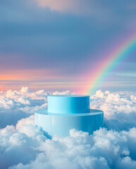 pastel-blue cylindrical platform above clouds with rainbow