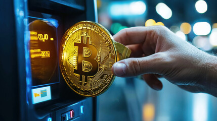 Aufkleber - close up of cryptocurrency ATM machine with hand inserting Bitcoin. scene captures modern digital currency transaction experience, highlighting technology and finance