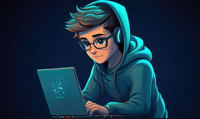 Portrait of a Successful Programmer, Game Developer, or Coder Working on a Laptop for Game Design. A Hacker in a Hoodie, Generative AI and Coding Professional