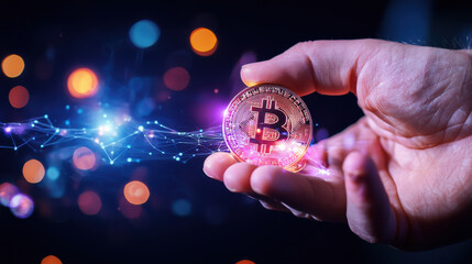 Leinwandbilder - close up of hand holding physical cryptocurrency coin, showcasing its intricate design against vibrant, colorful background. image evokes sense of innovation and digital finance