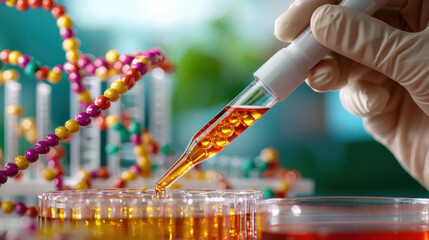 Poster - lab technician uses pipette to add liquid to petri dish, showcasing precision in scientific environment. colorful beads and test tubes enhance vibrant atmosphere