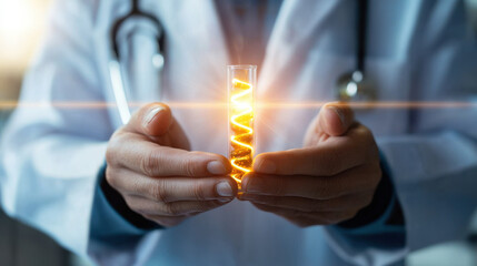 Poster - researcher holds glowing test tube, showcasing DNA helix inside. hands are steady, emphasizing importance of scientific discovery and innovation in lab
