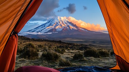 Canvas Print - Majestic sunrise view of a snow-capped volcano from inside a tent.