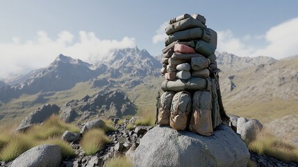 Wall Mural - A stacked arrangement of stones and bags in a mountainous landscape.