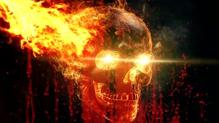Wall Mural - A glowing fiery skull surrounded by intense flames and smoke in a dark and dramatic setting. Seamless looping video background