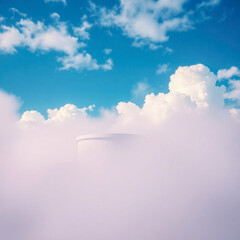Wall Mural - white cylinder emerging from a foggy landscape under a blue sky