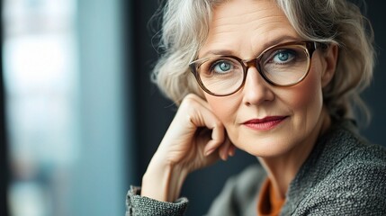 Wall Mural - Thoughtful Woman with Glasses in a Professional Setting