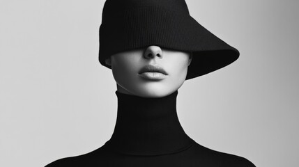 Minimalist black and white portrait of a model in a turtleneck, face hidden by a hat