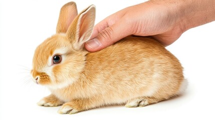 Wall Mural - A person gently petting a fluffy, light brown rabbit on a white background.