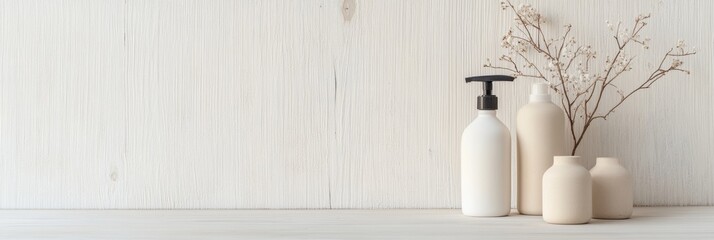 Canvas Print - Minimalist Arrangement of Cleaning Bottles with Dried Flowers on White Wooden Background