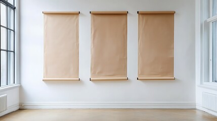 Canvas Print - Three blank kraft paper scrolls on a white wall in a minimalist room.