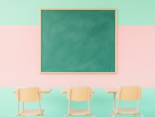 Aufkleber - Pastel Classroom Scene with Minimalist Chalkboard and Empty Desks