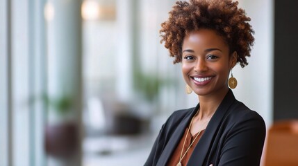 Confident Businesswoman Smiling in Modern Office Setting