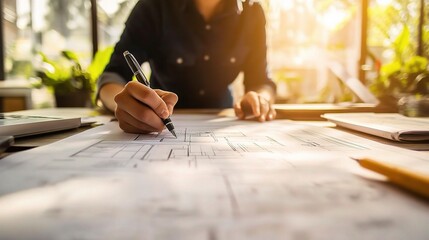 Wall Mural - Detailed Blueprint Creation on Desk with Ruler and Compass