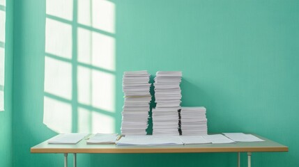Poster - Dimly Lit Office Space with Stacks of Paper Casting Shadows