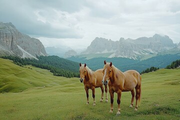 Wall Mural - Two horses in field with mountains