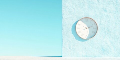 Aufkleber - Minimalist Clock Against Textured Blue Wall in Bright Daylight