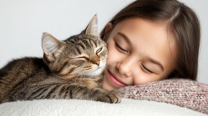 Wall Mural - A girl happily cuddles a cat, showcasing companionship and affection.