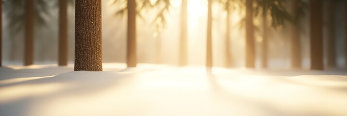 Wall Mural - Tranquil Snowy Forest with Golden Sunlight Through Pines - Serene Winter Morning