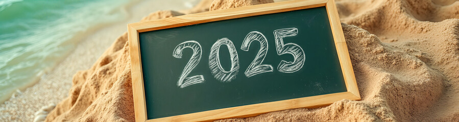 Wall Mural - dark green chalkboard displays the year 2025 resting on a beach's warm sand.