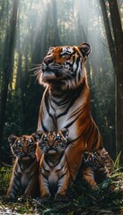 Wall Mural - A majestic tiger and its three cubs in a sunlit forest setting.