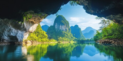 Wall Mural - river view from cave interior