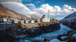 © Ardian - illustration of a village in the mountains with a mosque, in the snow and rainbow