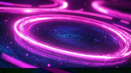 Wall Mural - Neon pink and purple rings creating a ripple effect in 3D space, with glowing trails.