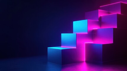 Wall Mural - Neon purple and teal cubes stacked like a staircase, glowing brightly against a black background.