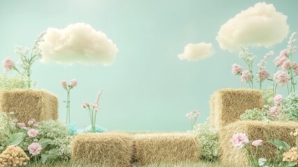 Aufkleber - Pastel floral scene with hay bales and fluffy clouds.