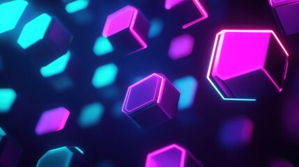 Wall Mural - Neon purple and teal hexagons floating in space, casting vibrant neon shadows.
