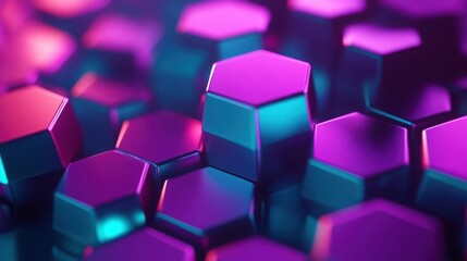 Wall Mural - Neon purple and teal hexagons floating in space, casting vibrant neon shadows.