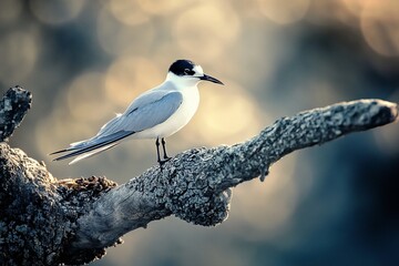 Poster - A graceful bird perches on a weathered branch, bathed in the warm glow of the setting sun.