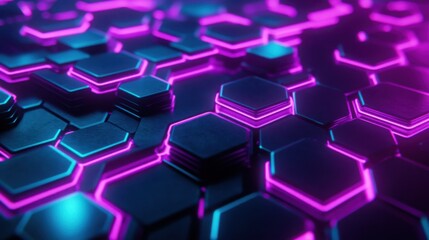 Wall Mural - Neon purple and teal hexagons interlocked in a honeycomb pattern, floating in space.
