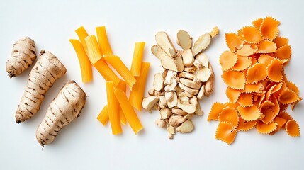 Wall Mural - Flat lay of parsnips, penne pasta, sliced mushrooms, and farfalle pasta on white background.