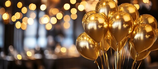 Fototapete - Golden balloons bokeh background. Celebration, party, festive, shiny, luxury.