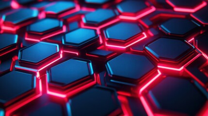 Wall Mural - Neon red and blue hexagons interlocked in a 3D pattern, glowing against a dark background.