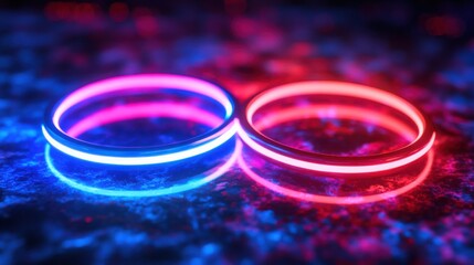 Wall Mural - Neon red and blue rings floating in 3D space, with glowing reflections and trails.