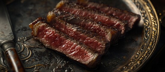 Poster - Close-up of sliced grilled steak on an antique plate.