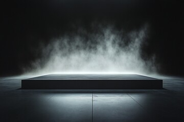 Aufkleber - Dark, moody studio shot of a minimalist black platform with atmospheric fog, ideal for product display or presentations.