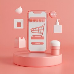 Aufkleber - 3D rendering of online shopping app interface on smartphone with various product icons.